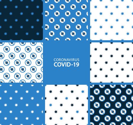 Set of vector seamless patterns in flat style. Endless texture. Stop coronavirus COVID-19 concept. Prohibit sign. Novel bacterium.のイラスト素材