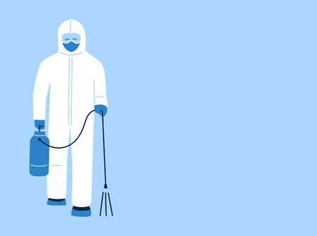 Modern vector illustration in flat style. Doctor in hazmat suit with disinfection equipment. Front view. Decontamination as a prevention against coronavirus COVID-19.のイラスト素材