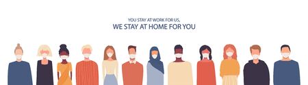 People in medical masks. Coronavirus COVID-19 infection, quarantine. Vector illustration in flat style isolated on white. Thank you doctors. We stay at work for you, you stay at home for usのイラスト素材