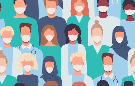 Doctors, nurses, healthcare workers, medical staff. Vector seamless pattern in flat style with people of different nationalities in medical masks. Disease epidemic. Coronavirus COVID-19. Quarantine.のイラスト素材