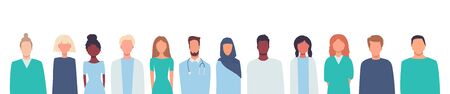 Horizontal vector illustration in flat style isolated on white. Coronavirus. Doctors, nurses, healthcare workers, medical staff. Multiethnic group of people. Thank you. Stay at home. Place for textのイラスト素材
