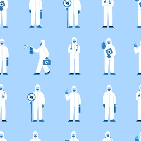 Modern vector seamless pattern in flat style. Endless texture with people in white hazmat suits isolated on blue. Stop coronavirus COVID-19. Doctors, nurses, healthcare workers, medical staffのイラスト素材