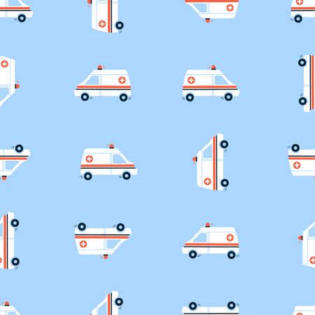 Vector seamless pattern in flat style. Endless texture, wallpaper, background, fabric print. White ambulance car with red siren light. Medical vehicle. Emergency. Urgent medicine conceptのイラスト素材