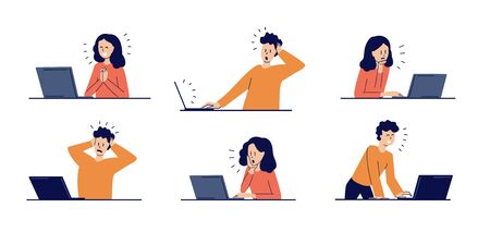 Set of modern isolated vector illustrations in flat style. Man and woman watching news. Happy, smiling, surprised, upset, frightened young people. Social network. Working on laptop at home.のイラスト素材