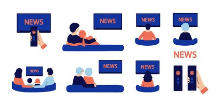 Set of modern vector illustrations isolated on white. Happy family watching news. Parents, grandparents, children, young couple stay at home, spend coronavirus quarantine together, communicate, relaxのイラスト素材