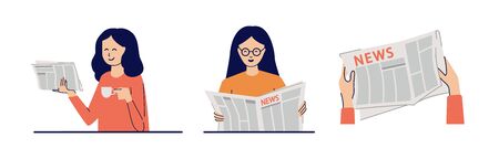 Set of modern vector illustrations isolated on white. People read news. Young woman with a cup of coffee reading newspaper. Girl in glasses sitting at the table, looking through the article.のイラスト素材