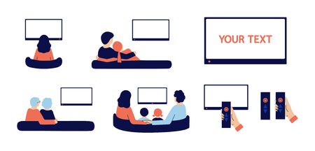Set of modern isolated vector illustrations. People stay at home, watch TV with their parents, grandparents, children, friends, beloved. Watching news, mass media concept. Empty TV frame for your textのイラスト素材