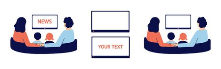 Happy family with small children sitting on sofa and watching news on TV at home. Wife and husband holding hands. Vector set of modern flat isolated illustrations. Back view. Empty TV frame for textのイラスト素材