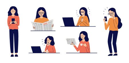People watching news, chatting with friends, checking email. Girls type messages, read newspapers, surf the web. Women with smartphone, laptop, gadgets. Communication, mass media. Modern vector setのイラスト素材