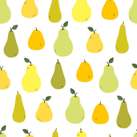 Pear. Endless texture with yellow, green, orange pears and leaves isolated on white. Positive fruit summer print. Modern vector seamless pattern in flat cartoon style. Background, wallpaper.のイラスト素材