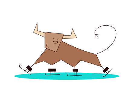 Happy new year 2021. The Year of the Ox. Funny cute  bull, cow. Winter sports. Outdoor activities. Skating. Vector illustration in cartoon style isolated on white background. Card templateのイラスト素材
