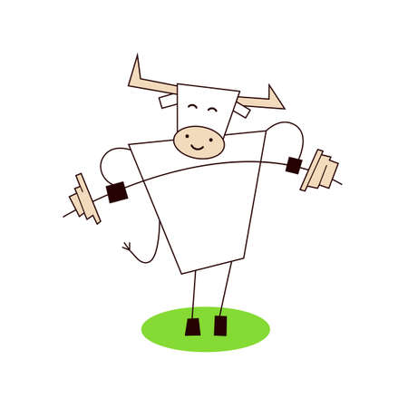 White Ox. Happy new year 2021. Funny cute kawaii bull, cow training strength. Outdoor sports, workout.のイラスト素材