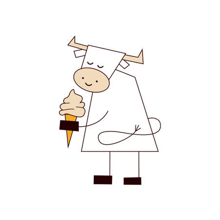 Happy new year 2021. The Year of the Ox. Funny cute kawaii bull, cow with ice cream. Eating outdoors. Vector illustration in cartoon style isolated on white background. Template for your design.のイラスト素材