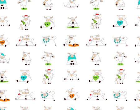 White ox. Symbol of chinese new year 2021. Seamless pattern, endless texture, wallpaper, print for holiday design. Funny cute kawaii bull, cow. Set of vector illustrations isolated on white backgroundのイラスト素材