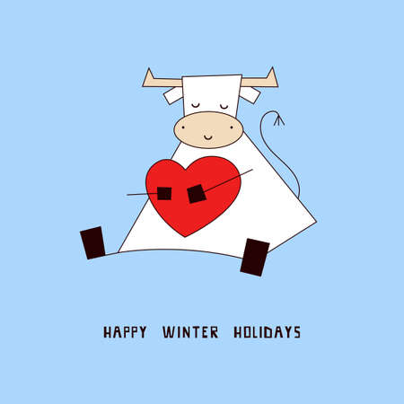 Merry Christmas and Happy New Year 2021. Greeting card, postcard, invitation, seasonal poster, flyer, banner, Christmas themed design template with white ox, bull, cow. Love and care. Winter holidays.のイラスト素材