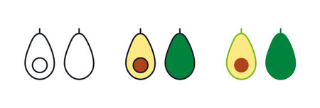 Avocado icon. Avocado fruit whole and half. Linear color icon, contour, shape, outline. Thin line. Modern minimalistic design. Vector set. Illustrations of fruitsのイラスト素材