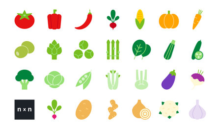 Set of vector flat color icons. Vegetables isolated on white. Modern design. Healthy food and vitaminsのイラスト素材