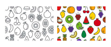 Set of vector seamless patterns with fruits. Endless texture, background, wallpaper. Linear color icons. Contour, shape, outline. Healthy food and vitaminsのイラスト素材