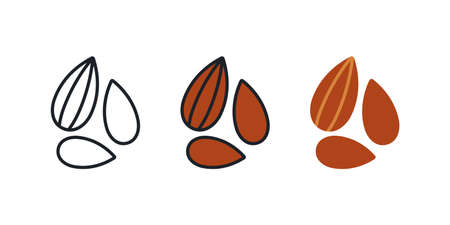 Almond icon. Linear color flat icons of nuts, contour, shape, outline isolated on white. Thin line. Modern design. Vector set. Healthy food and vitaminsのイラスト素材