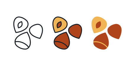 Hazelnut icon. Linear color flat icons of nuts, contour, shape, outline isolated on white. Thin line. Modern design. Vector set. Healthy food and vitaminsのイラスト素材