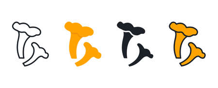 Chanterelle icon. Linear flat color icons contour shape outline. Thin line. Black vector silhouette. Fill solid icon. Modern glyph design. Illustrations of mushrooms. Vector setのイラスト素材