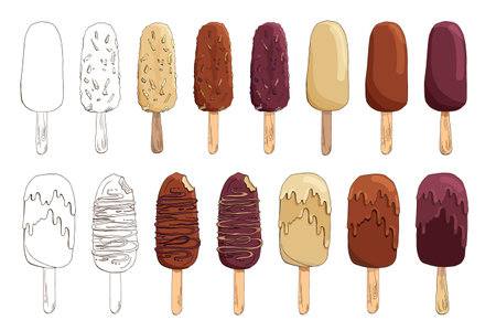 Set of vector hand drawn ice cream illustrations. Eskimo pie isolated on white. Ice lolly. Chocolate-coated cake with boiled condensed milk, nuts, caramel, waffles, cornflakesのイラスト素材