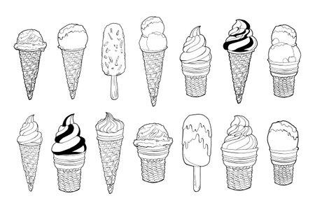 Set of vector hand drawn linear ice cream illustrations. Eskimo pie ice cream cone. Ice lolly. Chocolate-coated cake with boiled condensed milk, nuts, caramel, waffles, cornflakes.のイラスト素材