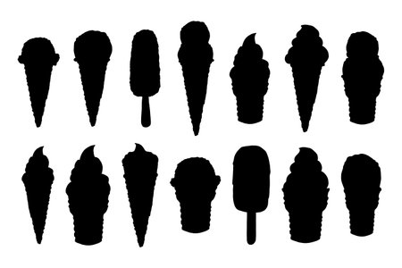 Set of vector hand drawn ice cream silhouettes. Eskimo pie ice cream cone. Ice lolly. silhouette. Beach summer sweet dessert with nuts, caramel, waffles, corn flakes.のイラスト素材