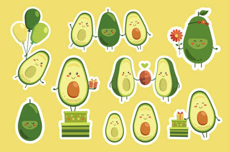 Sticker set of cute smiling avocado characters.  Isolated vector stickers. Sticker avocado bundle. Birthday party celebration summer holidays kids love friends presents balloons flowersのイラスト素材