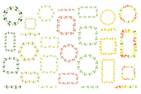 Set of isolated decorative vector frames and borders. Avocado pear apple banana citrus fruits. Endless brush, floral seamless border. Line pattern, edge decor. Positive fruit summer ornamentのイラスト素材