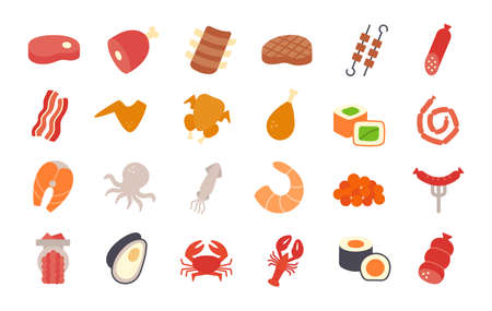 Meat products fish poultry seafood icons. Isolated flat color icon. Vector illustrations. Food ingredients. Steak ham gammon skewers bacon chicken wings fish sausages grilled sausage shrimp sushiのイラスト素材