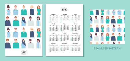 Vertical calendar 2022. Doctors. Happy New Year. Wall desk table pocket calendar with medical staff, nurses. Vector seamless pattern with people in masks. Global society. Working in hospitalのイラスト素材