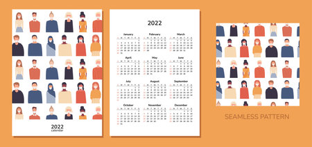 Vertical calendar 2022. People. Happy New Year. Wall A4 calendar. Vector seamless pattern with people in masks. Global society. Working in hospital. Multiethnic community, multicultural society.のイラスト素材