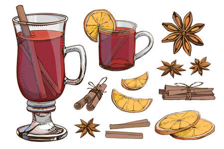 Mulled wine clipart vector set. Hot winter drinks. Christmas beverage. Popular drink for autumn fall new year holidays. Isolated illustrations. Anise star cinnamonのイラスト素材