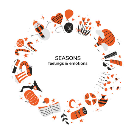 Vector wreath circle frame. Weather and seasons. Christmas ornament. Decorative element for greeting card scrapbooking design. New Year holidays traveling hobbies vacation camping reading love flowersのイラスト素材