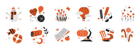 Set of isolated vector illustrations. Weather and seasons clip art. Snowman hearts love flowers balloon ice cream camping traveling book cinema Halloween Christmas holidays. New Year of tiger 2022のイラスト素材