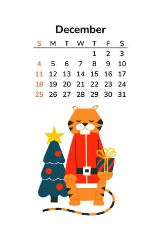 Vertical calendar 2022 with tigers. December page. A4 pages. Tiger in cartoon style. Happy New Year 2022. Chinese horoscope. Vector isolated illustration. Christmas tree. Santa Claus. Winter holidaysのイラスト素材