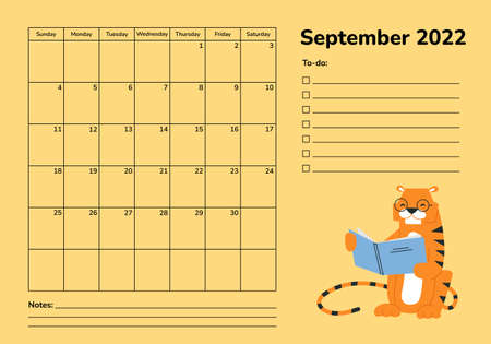 Horizontal planner 2022 with tiger. September calendar page. Organizer scheduler vector template. Wall desk table corporate calendar. Week starts on Sunday. Reading a book. Back to schoolのイラスト素材