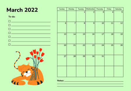 Horizontal planner 2022 with tiger. March calendar page. Organizer scheduler vector template. Wall desk table corporate calendar. Week starts on Sunday. Spring red tulip flowers. Women dayのイラスト素材