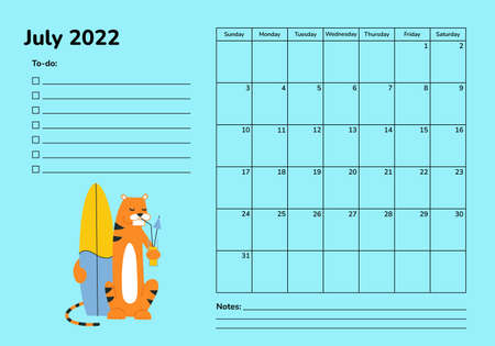 Horizontal planner 2022 with tiger. July calendar page. Organizer scheduler vector template. Desk corporate calendar. Week starts on Sunday. Summer sport activities. Surf surfing relax. Beach vacationのイラスト素材