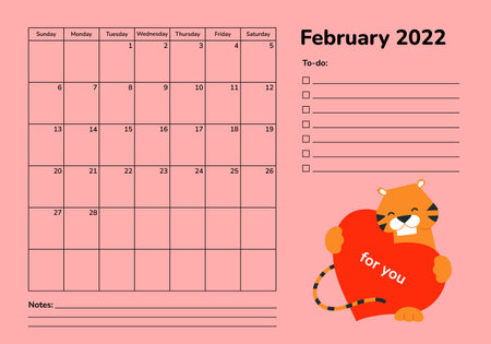 Horizontal planner 2022 with tiger. February calendar page. Organizer scheduler vector template. Wall desk table corporate calendar. Week starts on Sunday. Red heart. Romantic design. Love and careのイラスト素材