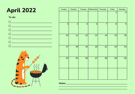 Horizontal planner 2022 with tiger. April calendar page. Organizer scheduler vector template. Wall desk table corporate calendar. Week starts on Sunday. Outdoor activities. Spring BBQ barbecue grillのイラスト素材