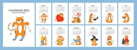 Vertical calendar 2022 with tiger. Chinese horoscope. Happy New Year 2022. Set of 12 monthly pages and cover with isolated vector illustrations of smiling cartoon tigers. Week starts on Sunday.のイラスト素材