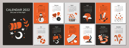 Wall corporate calendar 2022 template. Tiger year. 12 monthly pages and cover. Vector illustrations. Seasons feelings and emotions. Love flowers traveling food holidays hobbies. Week starts on Sundayのイラスト素材