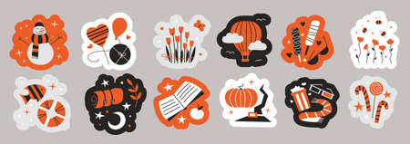 Sticker set. Isolated vector illustrations. Seasons stickers. Snowman hearts love flowers balloon ice cream camping traveling reading movie Halloween Christmas holidays. New Year of tiger 2022のイラスト素材