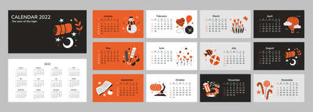 Horizontal calendar 2022. Happy New Year 2022. Tiger year. Desk table corporate planner vector template. Pages and cover. Seasons love flowers traveling food holidays hobbies. Week starts on Sundayのイラスト素材