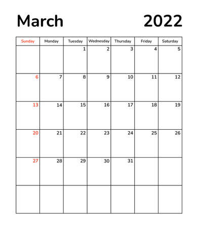Planner monthly pages 2022. March month calendar page. Organizer scheduler timetable vector template. Wall desk table corporate calendar. Week starts on Sunday. Spring monthsのイラスト素材