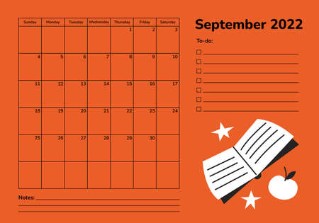 Horizontal planner 2022. September calendar page. Organizer scheduler timetable vector template. Wall table corporate calendar. Monthly pages. Week starts on Sunday. Book apple stars. Back to schoolのイラスト素材