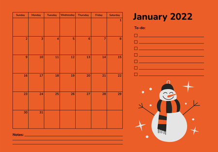 Horizontal planner 2022. January calendar page. Organizer scheduler timetable vector template. Monthly pages. Week starts on Sunday. Winter holidays snowman. Merry Christmas and Happy New Yearのイラスト素材