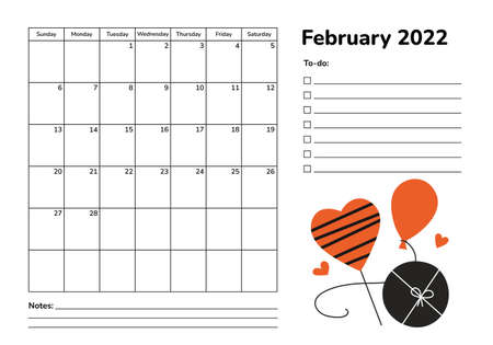 Horizontal planner 2022. February calendar page. Organizer scheduler timetable vector template. Wall table corporate calendar. Monthly pages. Week starts on Sunday. Hearts present sweets balloon loveのイラスト素材